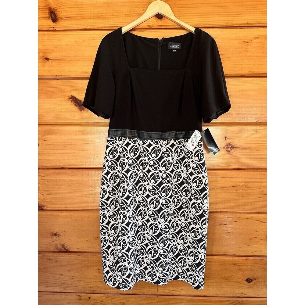 $120 Adrianna Papell Women's Sheath Dress Fitted Floral Square Neck Black Sz 14